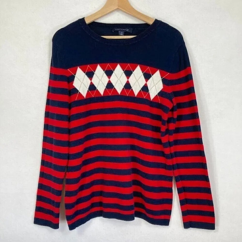 Tommy Hilfiger Cotton Striped Argyle Sweater Grandma Core Old Money Preppy L